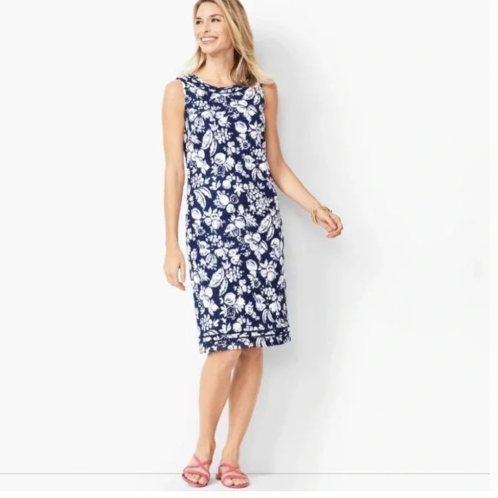 Talbots Womens Sleeveless Shift Dress 6 Blue White Mixed Fruit Textured …